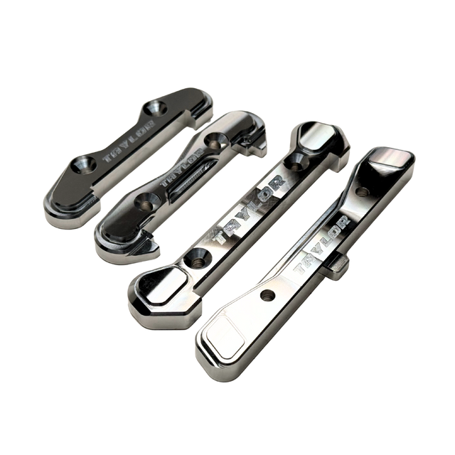 Taylor Losi 5T, 5IVE 2.0 and 5IVE-TG 3.0 raw silver billet 7075 hinge pin brace set, all four braces together showing the engraved Taylor logo and countersunk screw holes