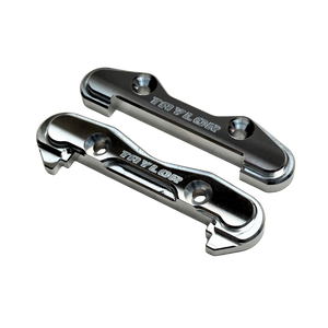 Taylor Losi 5T, 5IVE 2.0 and 5IVE-TG 3.0 raw silver billet 7075 front hinge pin braces, pair showing the engraved Taylor logo and countersunk screw holes