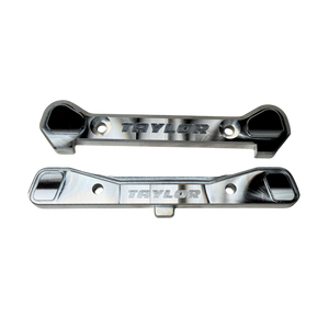 Taylor Losi 5T, 5IVE 2.0 and 5IVE-TG 3.0 raw silver billet 7075 rear hinge pin braces, top view showing the engraved Taylor logo and machined pockets