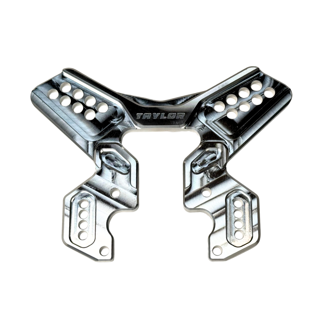 Taylor Losi 5T, 5IVE 2.0 and 5IVE-TG 3.0 raw silver billet 7075 front shock tower, showing the shock mounting holes, slotted adjustment holes and Taylor logo