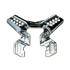 Taylor Losi 5T, 5IVE 2.0 and 5IVE-TG 3.0 raw silver billet 7075 front shock tower, showing the shock mounting holes, slotted adjustment holes and Taylor logo