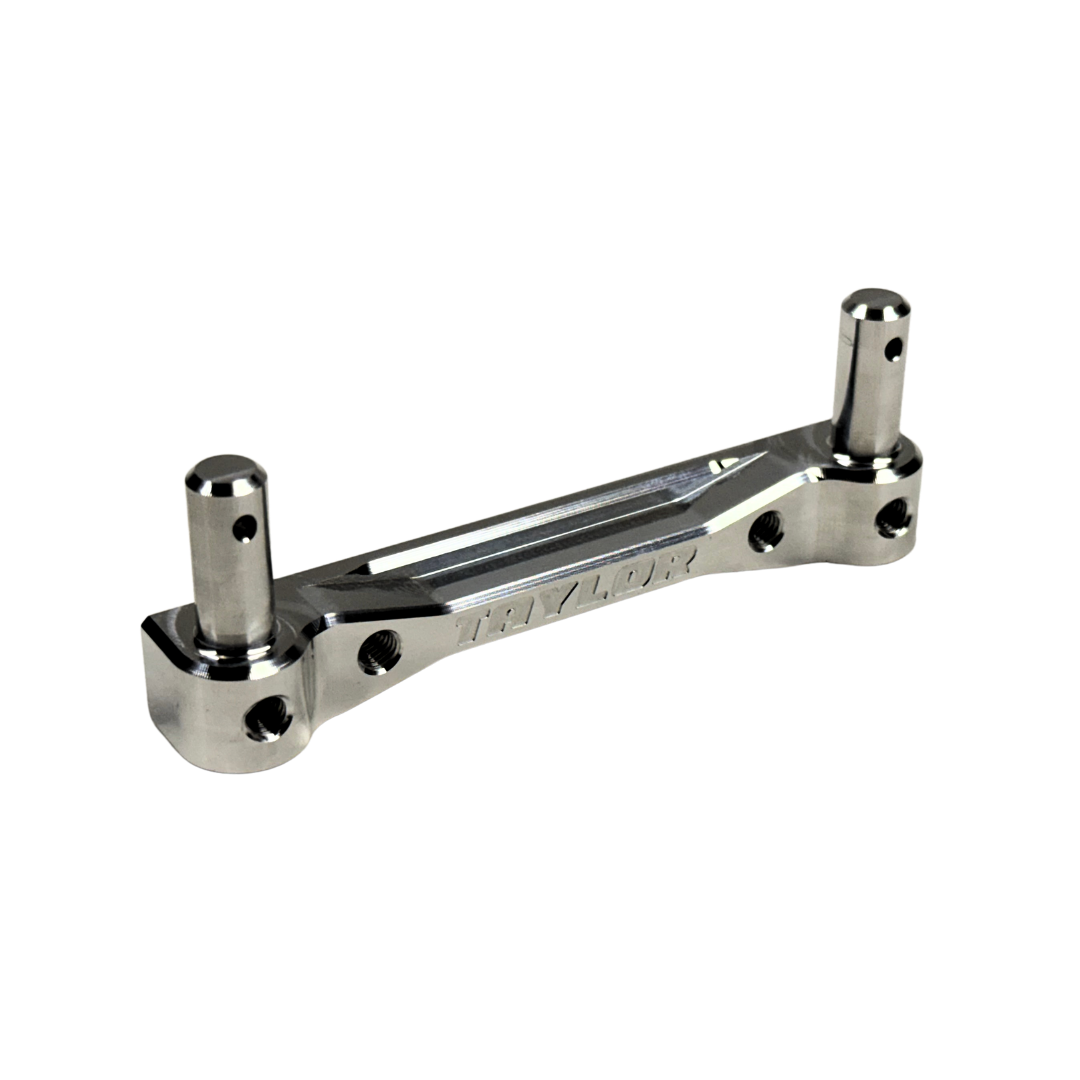 Taylor Losi 5T, 5IVE 2.0 and 5IVE-TG 3.0 billet rear body mount in raw silver, side view, with engraved Taylor logo, threaded holes and two body mount posts
