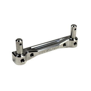 Taylor Losi 5T, 5IVE 2.0 and 5IVE-TG 3.0 billet rear body mount in raw silver, side view, with engraved Taylor logo, threaded holes and two body mount posts