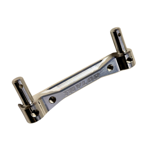 Taylor Losi 5T, 5IVE 2.0 and 5IVE-TG 3.0 billet rear body mount in raw silver, showing engraved Taylor logo, threaded mounting holes and body mount posts