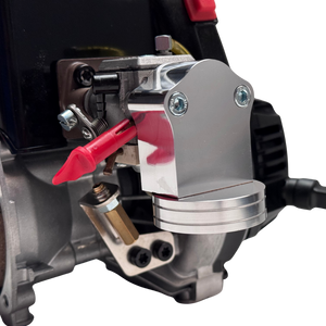 Close-up of a mechanical component with red and black parts on a white background