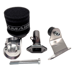 Set of parts including a black air filter, metal brackets, and bolts on a white background.