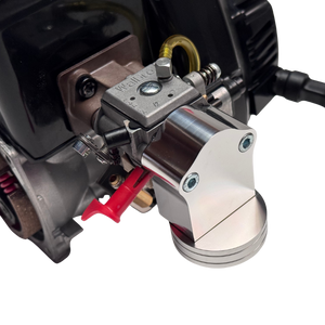 Close-up of a mechanical component with visible branding on a white background