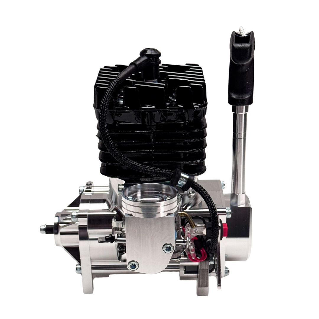 Engine with black and silver components on a white background