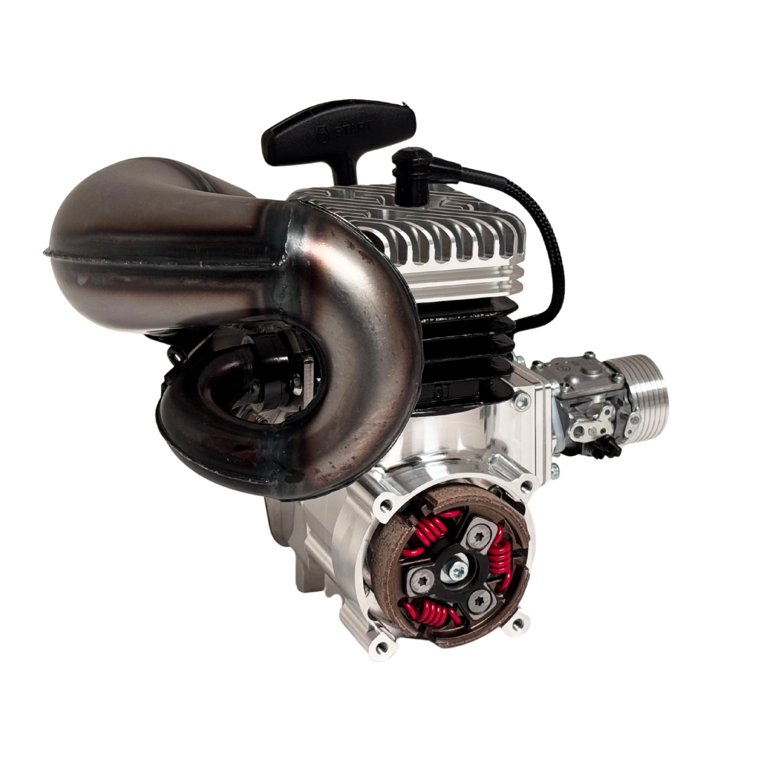 Taylor RC 50GT V2 GOPED GSR46 engine complete package, front view from an alternate angle showing the clutch/bell side and pull-start handle