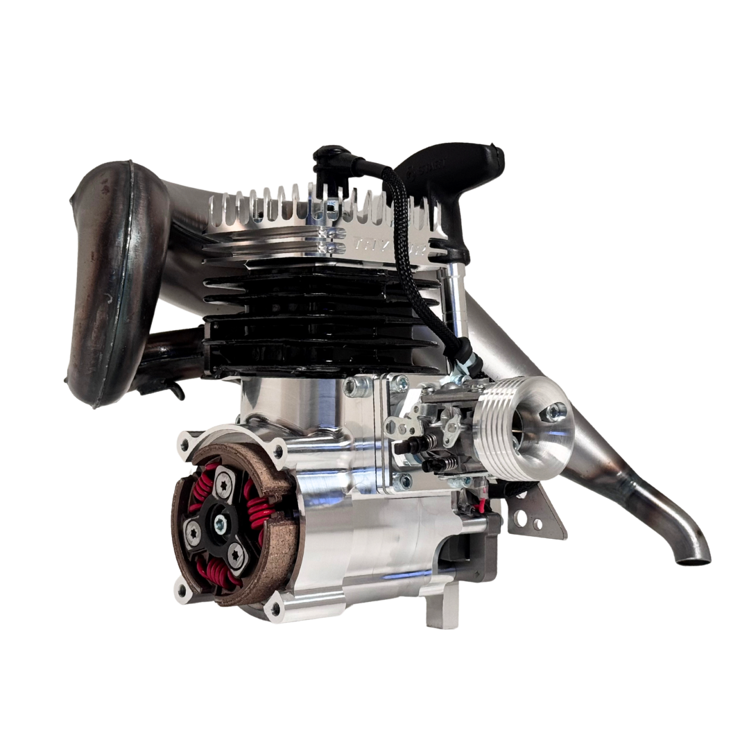 Taylor RC 50GT V2 GOPED GSR46 engine complete package, front view showing the clutch/bell side with red clutch springs and carburettor