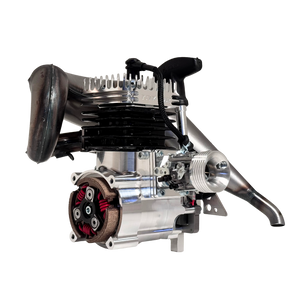 Taylor RC 50GT V2 GOPED GSR46 engine complete package, front view showing the clutch/bell side with red clutch springs and carburettor