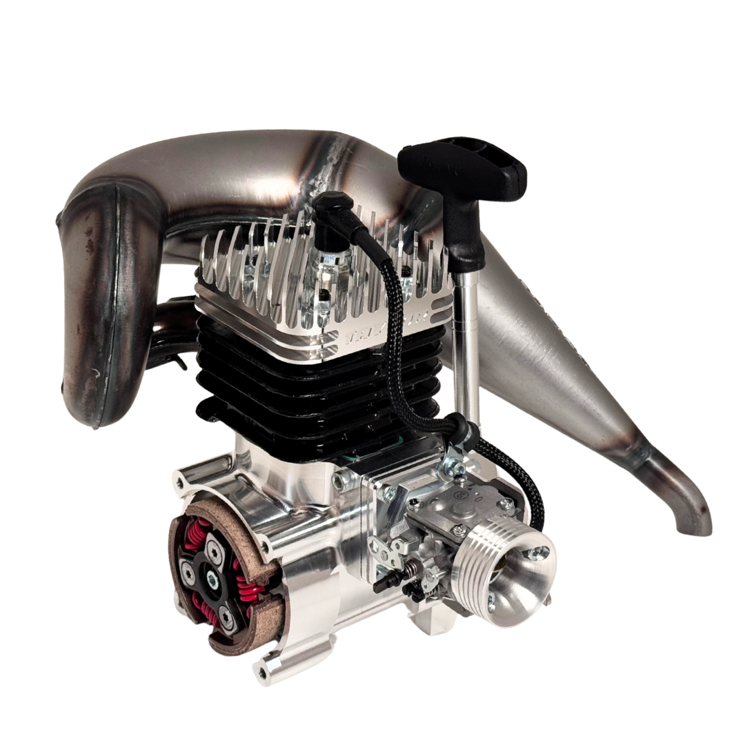Taylor RC 50GT V2 GOPED GSR46 engine complete package, rear view from the pull-start side at an alternate angle showing the recoil handle and tuned pipe