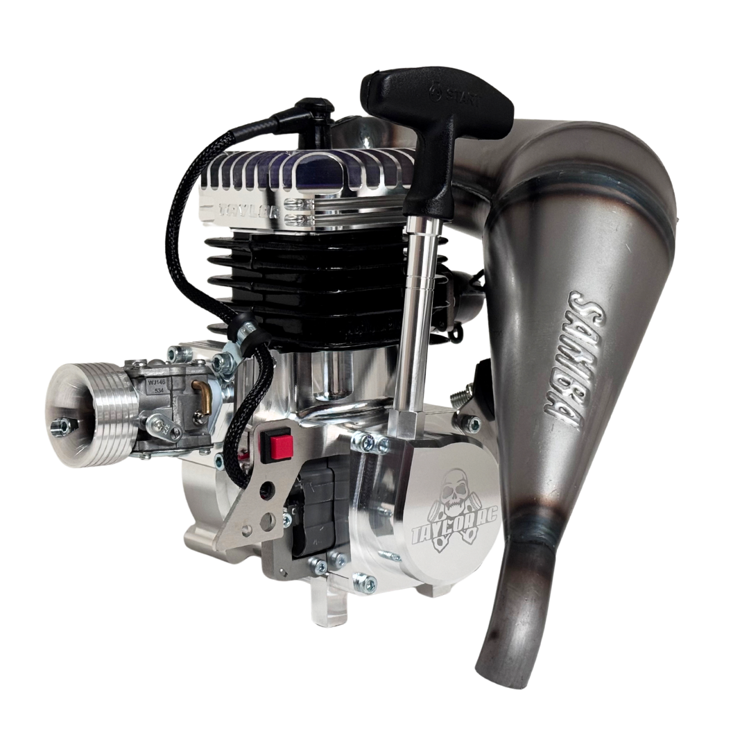 Taylor RC 50GT V2 GOPED GSR46 engine complete package, rear view from the pull-start side showing the recoil handle and Samba tuned pipe