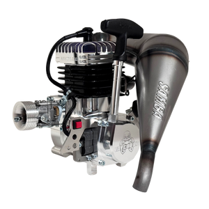Taylor RC 50GT V2 GOPED GSR46 engine complete package, rear view from the pull-start side showing the recoil handle and Samba tuned pipe