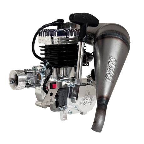 Taylor RC 50GT V2 GOPED GSR46 engine complete package, rear view from the pull-start side showing the recoil handle and Samba tuned pipe