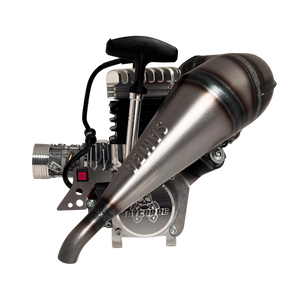 Taylor RC 50GT V2 GOPED GSR46 engine complete package, rear view showing the Samba tuned pipe cone and Taylor RC branded clutch cover