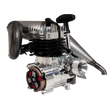 Taylor RC 50GT V2 GOPED GSR46 engine complete package, side view showing the cylinder fins, carburettor, and tuned pipe