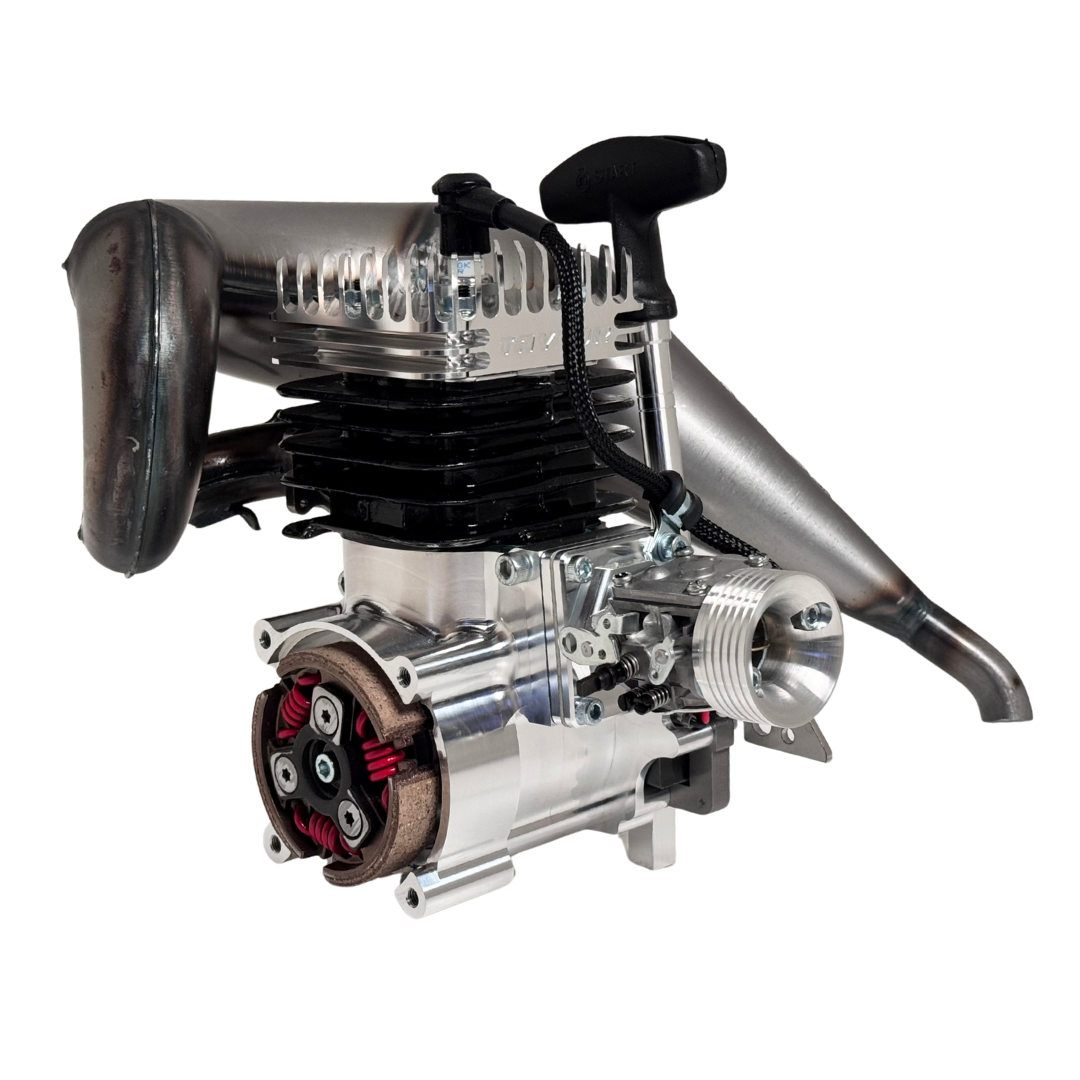 Taylor RC 50GT V2 GOPED GSR46 engine complete package, side view showing the cylinder fins, carburettor, and tuned pipe