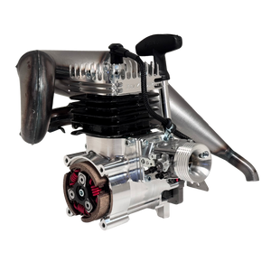 Taylor RC 50GT V2 GOPED GSR46 engine complete package, side view showing the cylinder fins, carburettor, and tuned pipe