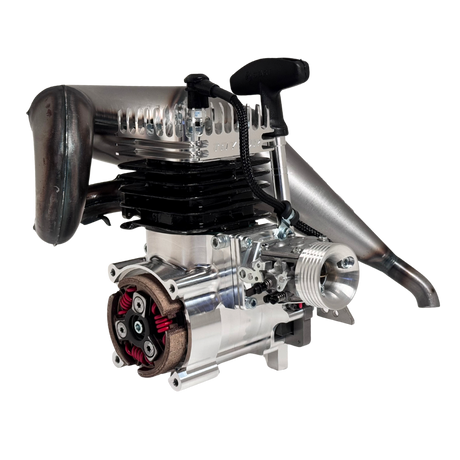 Taylor RC 50GT V2 GOPED GSR46 engine complete package, side view showing the cylinder fins, carburettor, and tuned pipe