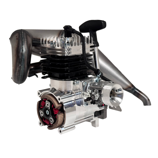 Taylor RC 50GT V2 GOPED GSR46 engine complete package, side view showing the cylinder fins, carburettor, and tuned pipe
