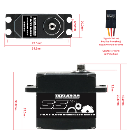 Taylor RC servo motor with dimensions and wiring diagram on a white background