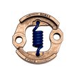 Metallic clutch with a blue spring inside on a white background