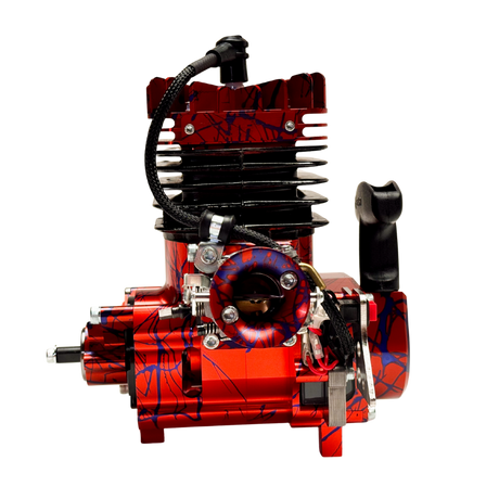Red and black engine with intricate details on a white background