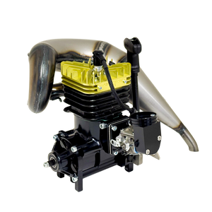 Angled view of the Taylor RC 65cc Supreme V2 engine showing the yellow head, carburettor and tuned exhaust pipe
