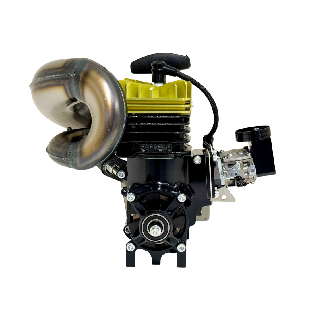 Front view of the Taylor RC 65cc Supreme V2 engine showing the yellow head, black clutch carrier and tuned exhaust