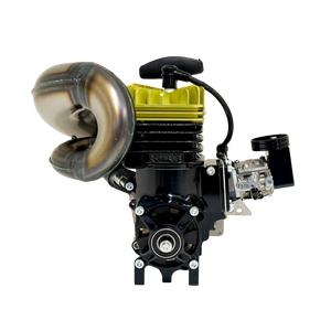 Front view of the Taylor RC 65cc Supreme V2 engine showing the yellow head, black clutch carrier and tuned exhaust