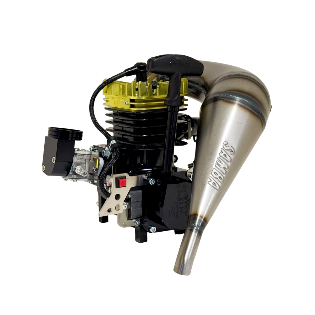 Taylor RC 65cc Supreme V2 engine viewed from the pull-start side, showing the yellow head and Samba tuned exhaust
