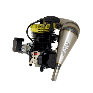 Taylor RC 65cc Supreme V2 engine viewed from the pull-start side, showing the yellow head and Samba tuned exhaust