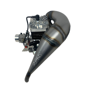 Motorcycle engine with a prominent exhaust pipe on a white background