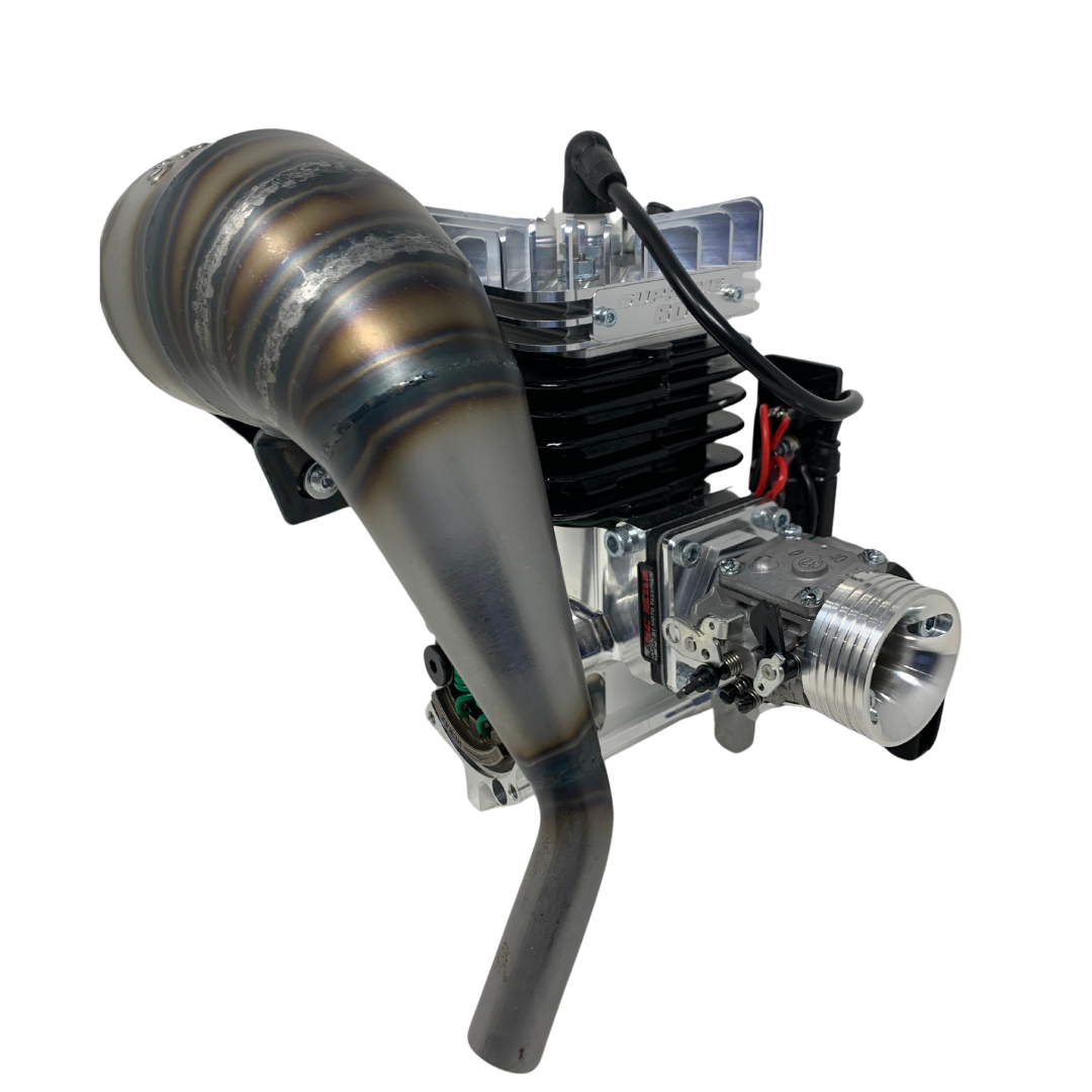 Engine or motor assembly with exhaust pipe on a white background