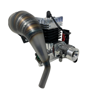 Engine or motor assembly with exhaust pipe on a white background