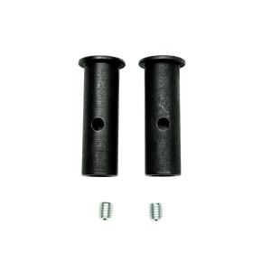 Two black cylindrical metal parts with two screws on a white background