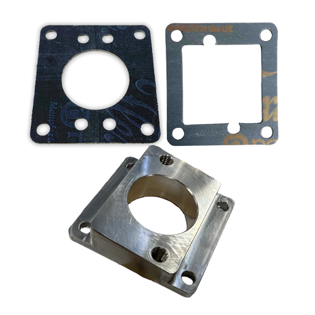 Taylor RC ALX 25mm-28mm carb manifold in raw silver with round-bore and square-bore gaskets