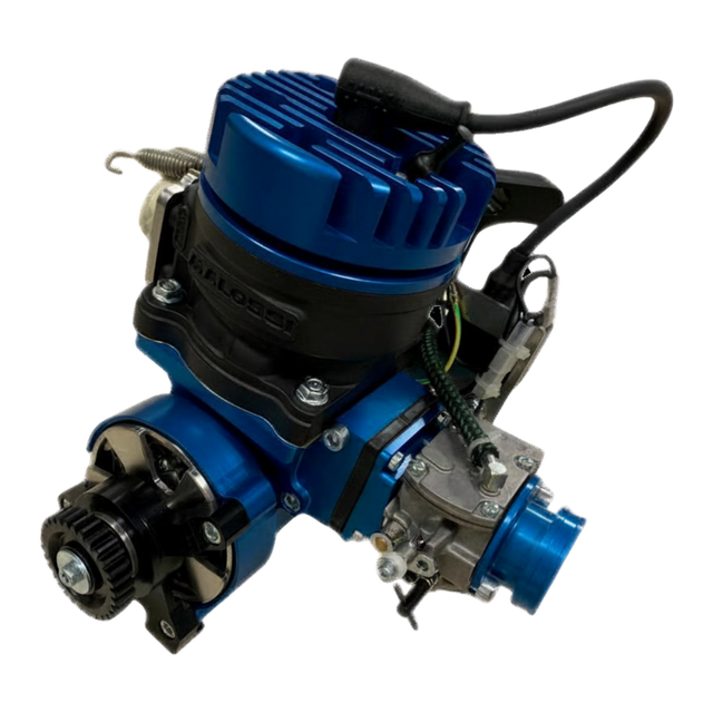 Taylor RC ALX 85 Malossi Baja Hybrid engine in blue anodised, front view (the clutch/bell side), with black cylinder and carburettor