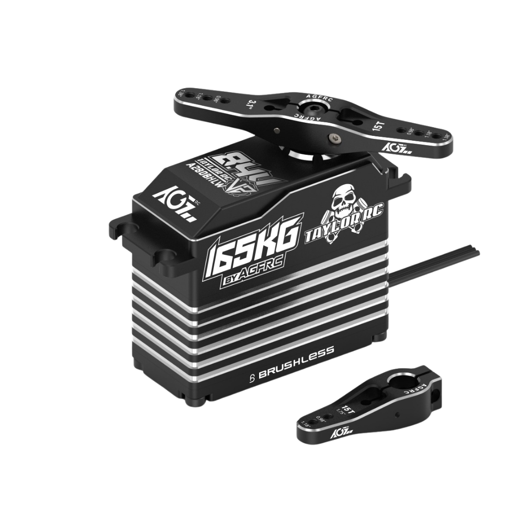 An AGFRC 165KG Brushless RC servo motor with a black and silver aluminum body, shown with its black adjustment wing and a small black screwdriver on a white background.