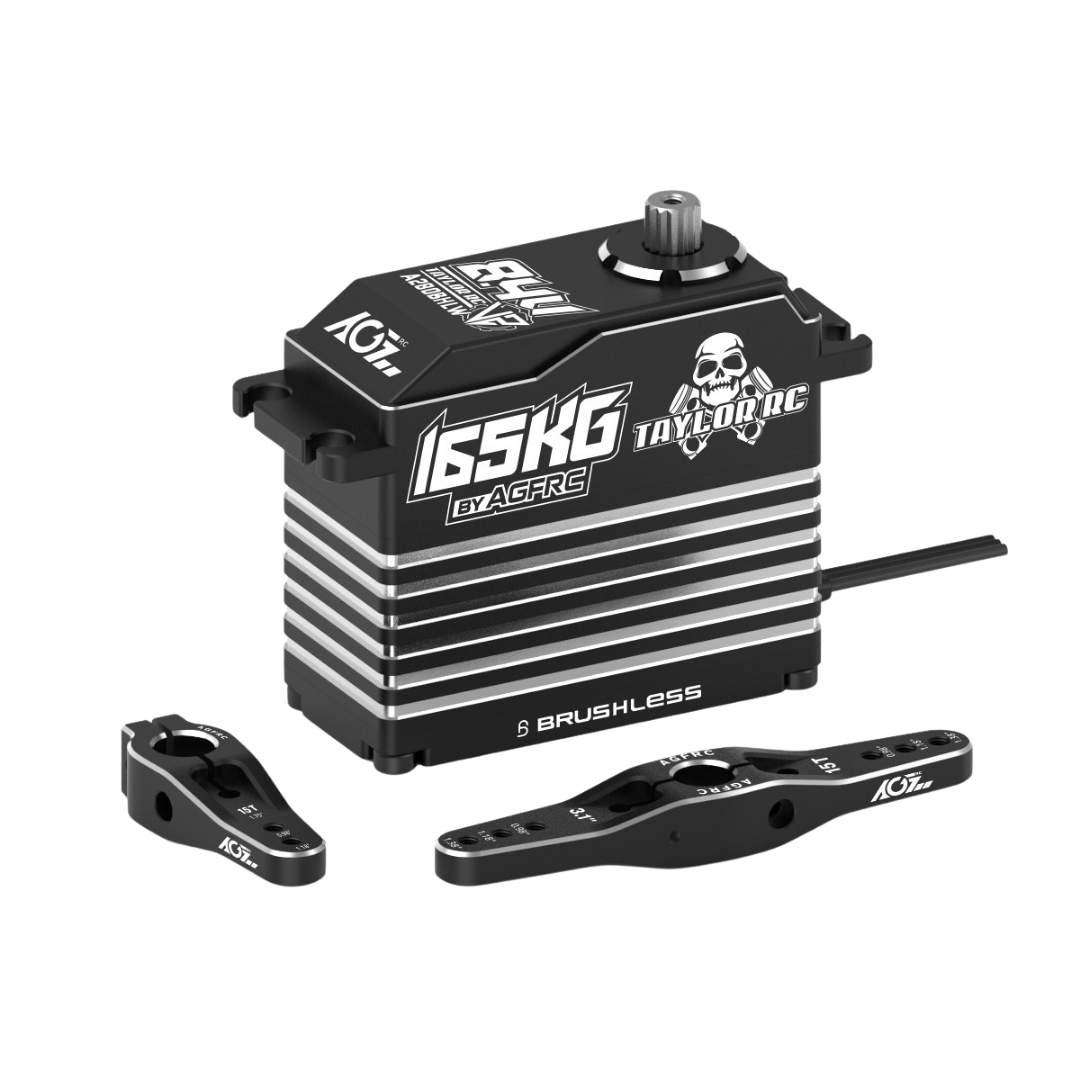 A black 165KG Brushless RC servo with silver cooling fins, accompanied by two black aluminum control arms, shown on a solid white background.