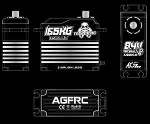 Black and white technical line drawings of an AGFRC 165kg brushless RC car motor, showing multiple angles including top, side, and rear views on a dark gray background.