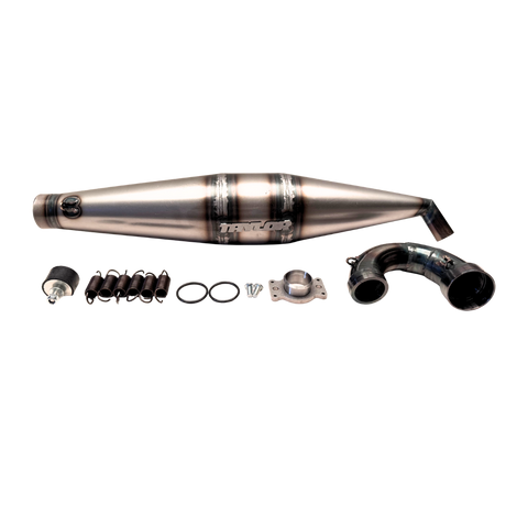Exhaust system components on a white background
