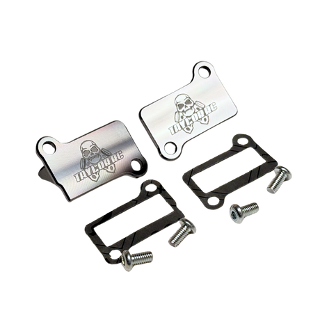 Taylor RC billet CNC ported Zenoah G320 & Fujiwara 350RC transfer covers in raw silver, angled view of the Taylor RC branded face with gaskets and mounting screws