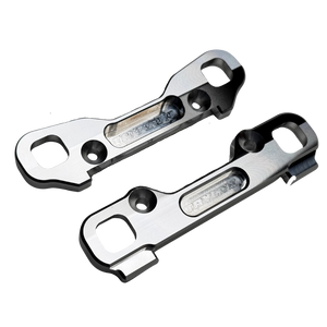 Two hinge pin braces on a white background