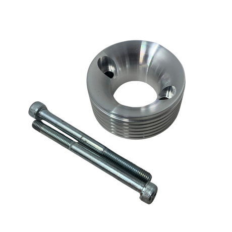 Metal flange and two bolts on a white background