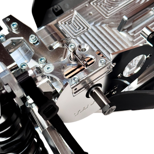 Taylor RC Complete Outlaw V4 Billet Hybrid Slider, close-up of the differential, clutch area, and branded billet chassis plate