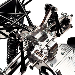 Taylor RC Complete Outlaw V4 Billet Hybrid Slider, close-up of the front shock tower, shocks, and engine mounting area