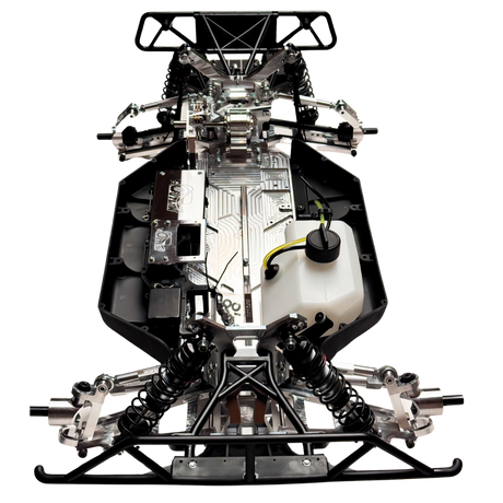 Taylor RC Complete Outlaw V4 Billet Hybrid Slider, front-on upright view showing the full front and rear suspension, shocks, and fuel tank