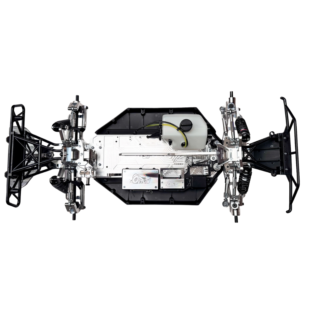 Taylor RC Complete Outlaw V4 Billet Hybrid Slider, top-down view of the full chassis showing front and rear suspension, fuel tank, and billet chassis plate